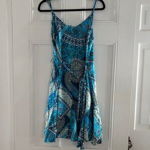 Blue Printed Spaghetti Strap Silk Dress